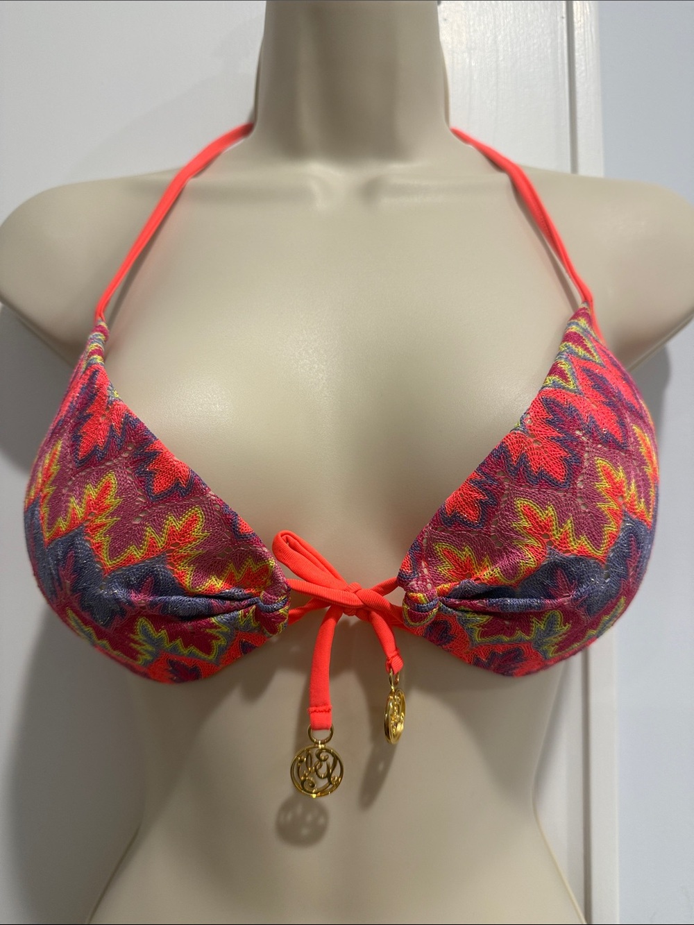 Luli Fama Neon Coral Multi-Print Tie Front Bikini Top